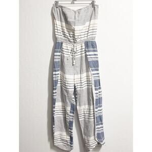 Saylor Jumpsuit Medium Strapless Cotton Woven Stripe White Vacation Blue Gray
